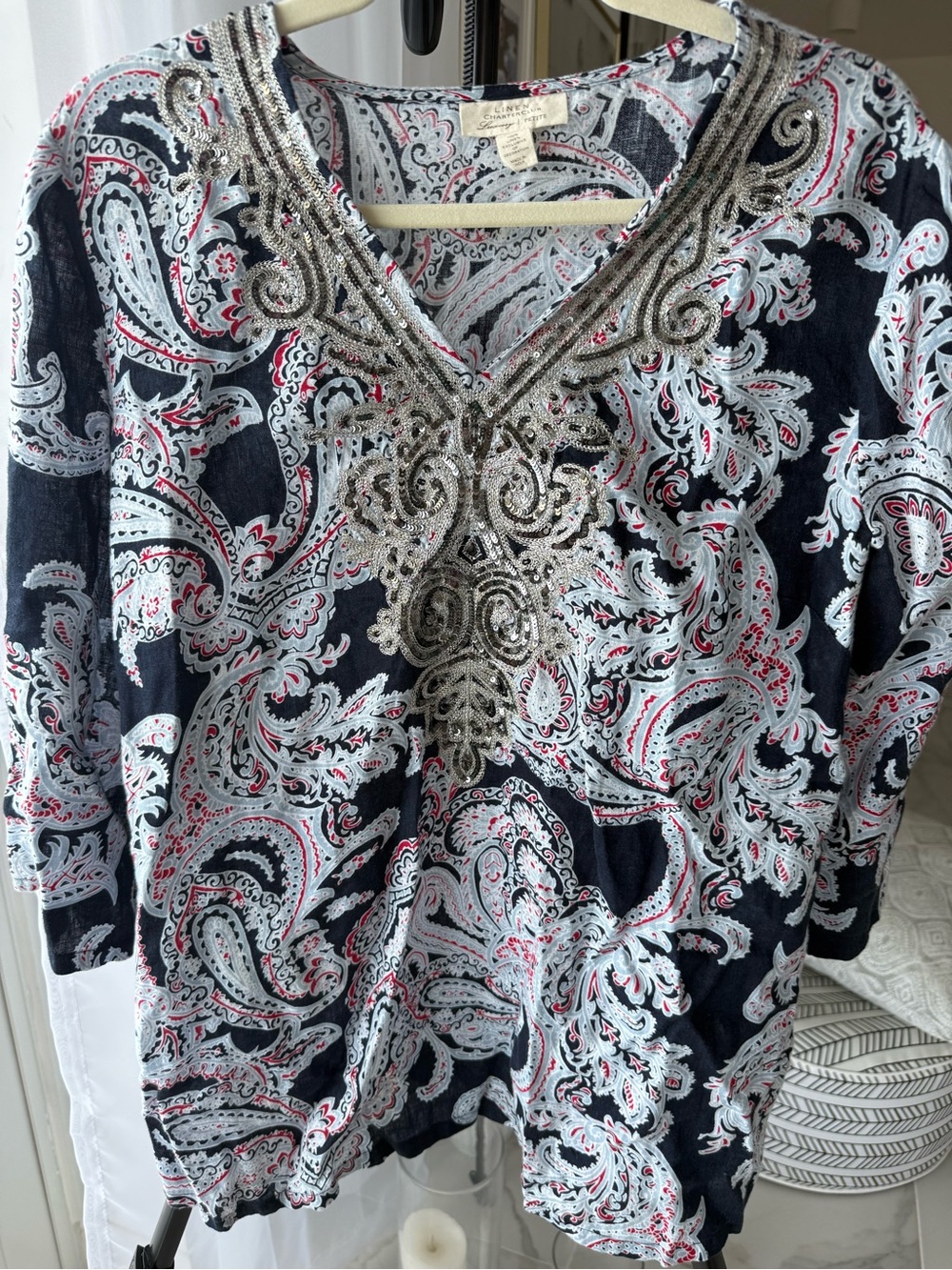 Charter Club ‘Luxury’ line, Petite XL Linen Paisley Embellished Tunic Top